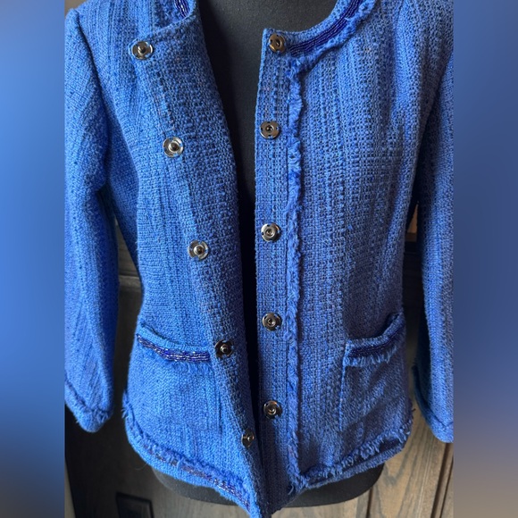 Katherine New York Elegant Blue Tweed beaded Blazer Large EUC - Picture 7 of 9